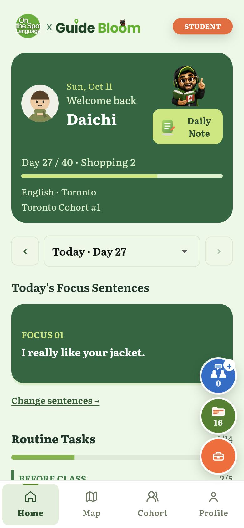 GuideBloom の生徒のアプリの Home（英語の表示）。Day 27 の今日の Focus Sentence と Routine Tasks（テストデータ）